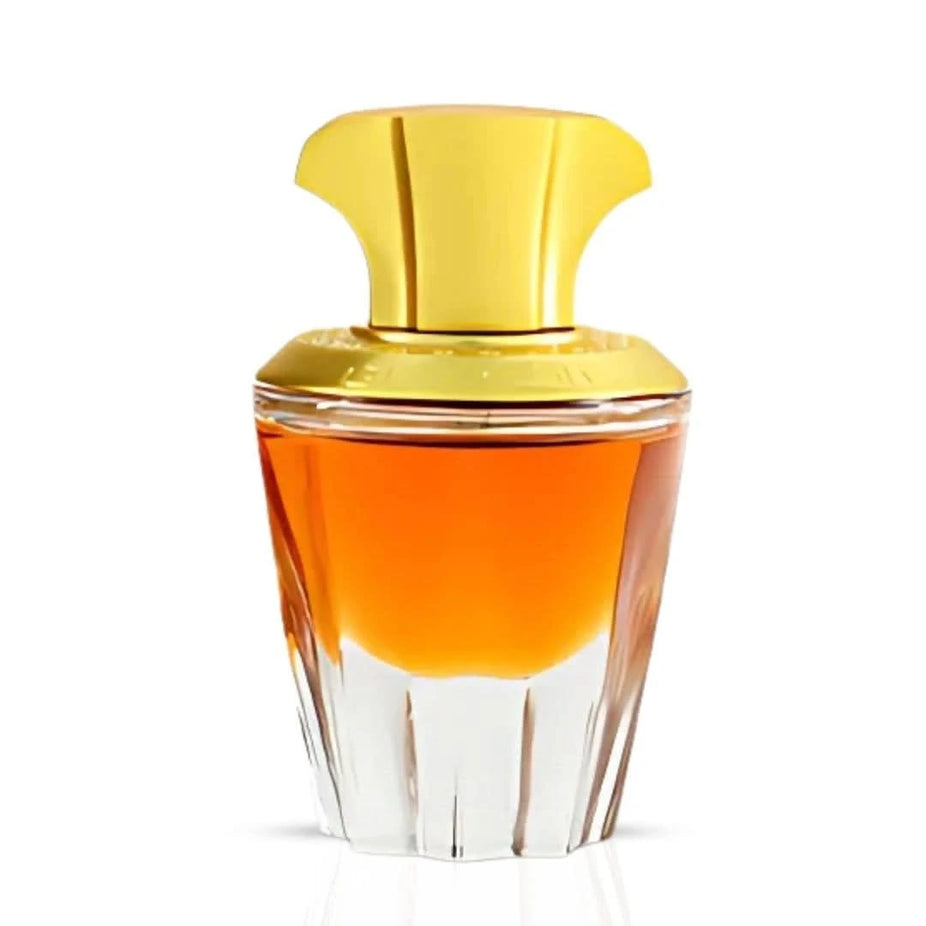 Rasasi Zakerat Al Sharq Kunooz Concentrated Perfume Oil 20ml in a glass bottle with a gold cap, showcasing elegant packaging