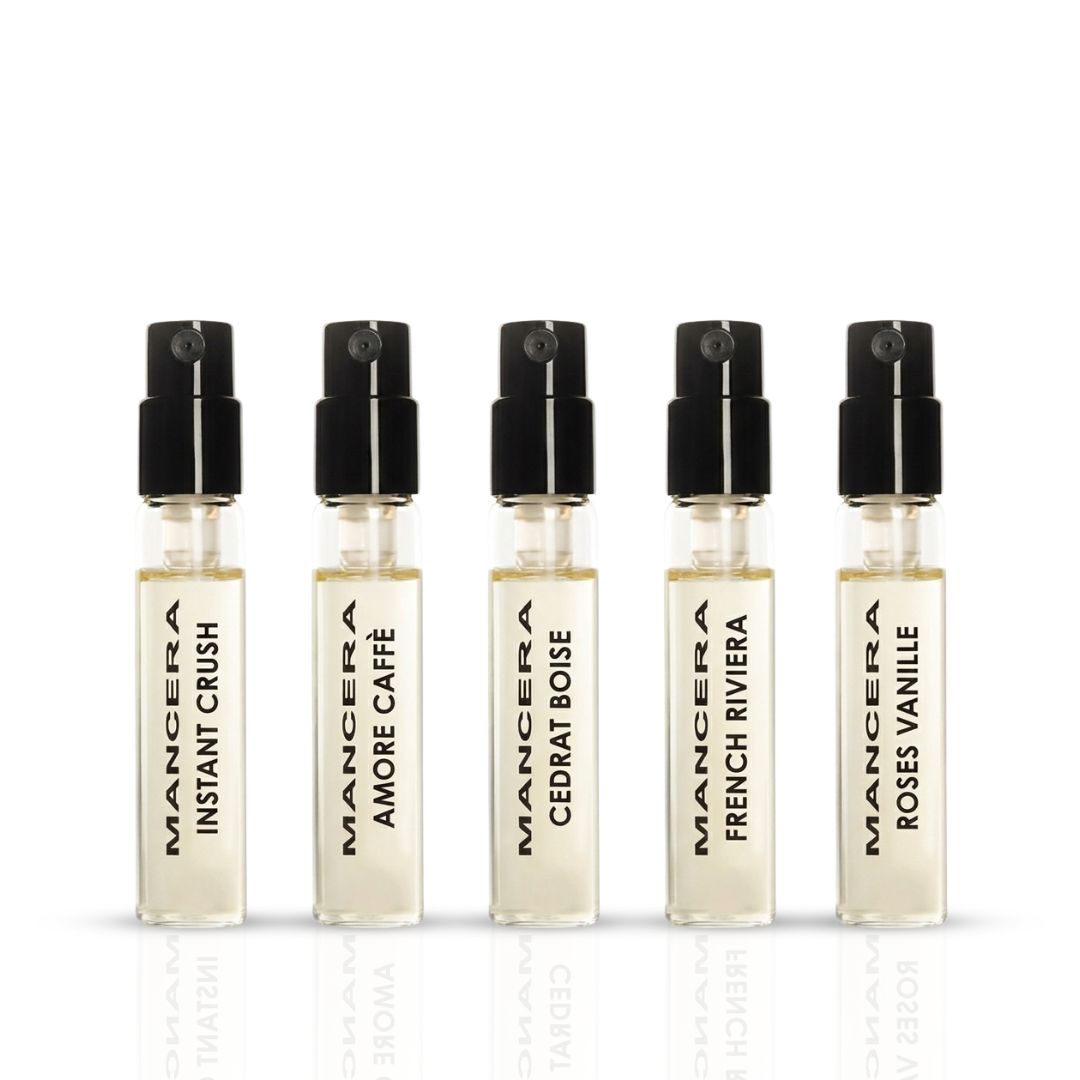 Mancera Discovery Set with five 8ml Eau de Parfum bottles, showcasing elegant packaging and variety of fragrance options.