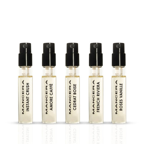 Mancera Discovery Set with five 8ml Eau de Parfum bottles, showcasing elegant packaging and variety of fragrance options.