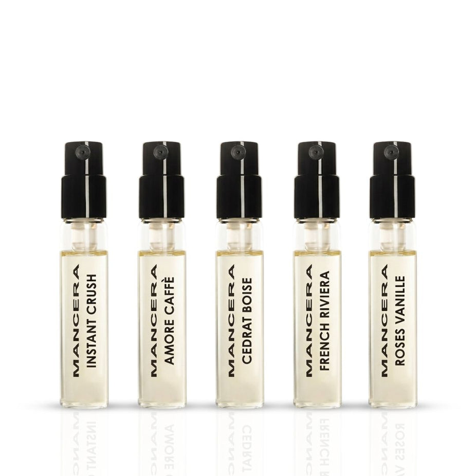 Mancera Discovery Set with five 8ml Eau de Parfum bottles displayed in a sleek box.