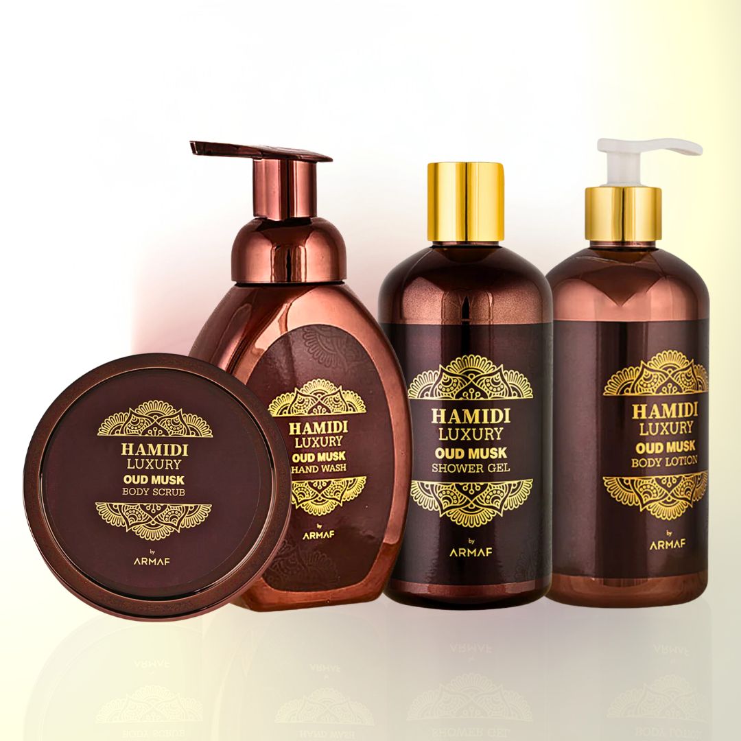 4PCS LUXURY OUD MUSK - Bath & Body Gift Set Magnetic Box By Hamidi | Ultra Moisturizing, Skin-Nourishing, Naturally Derived Ingredients. (Pack Of 4) - Intense Oud
