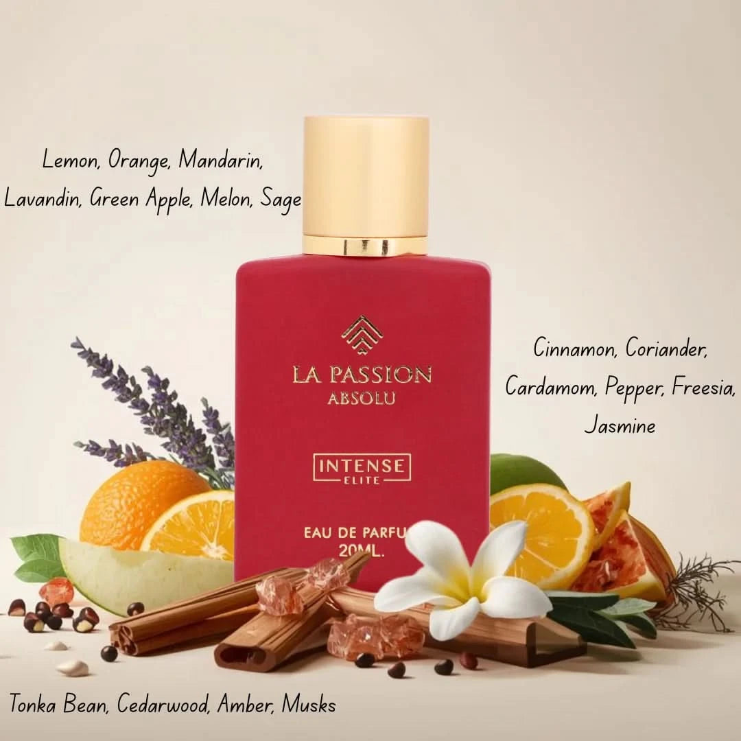 Bundle of Intense Oud La Passion Absolu Women Eau de Parfum spray and Ard Al Zaafaran Pink Blush Shams Al Emarat perfume bottles.