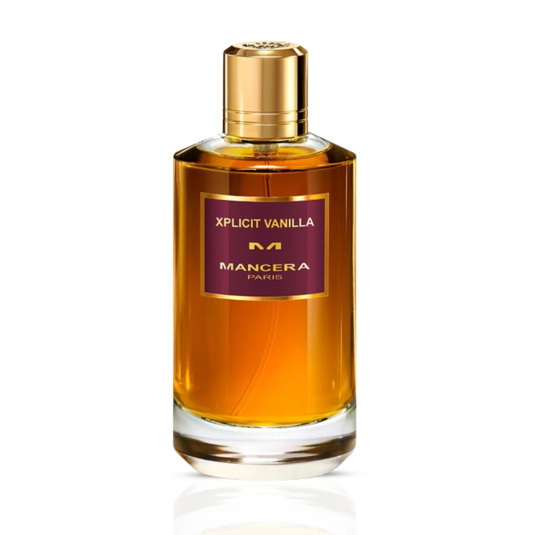 Mancera Xplicit Vanilla Eau de Parfum spray bottle, 120ml, with elegant packaging and a sleek perfume design.