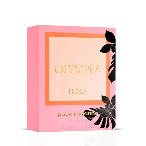 Paco Rabanne Olympea Flora Eau De Parfum Intense Spray 50ml with elegant perfume bottle and floral design.