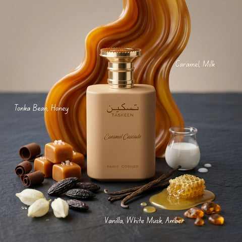 Paris Corner Taskeen Caramel Cascade and Marina Eau de Parfum bundle, 100ml perfume sprays with elegant bottles.