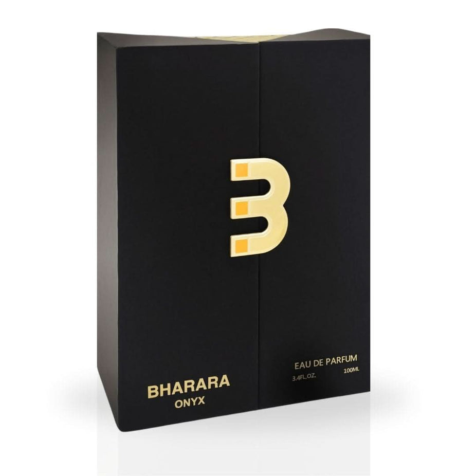 Bharara Onyx Eau de Parfum spray 100ml bottle with sleek black and silver design, showcasing elegant fragrance packaging.
