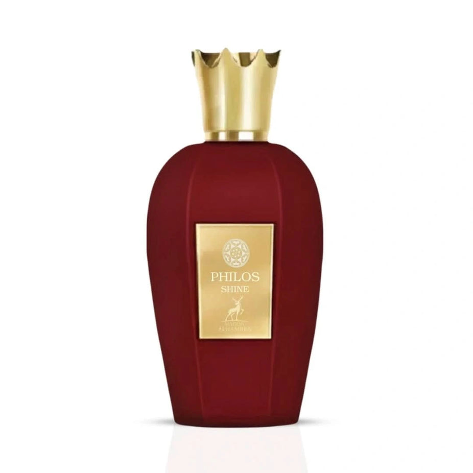 Philos Shine Eau de Parfum spray by Maison Alhambra, 100ml bottle with elegant packaging and transparent glass design.