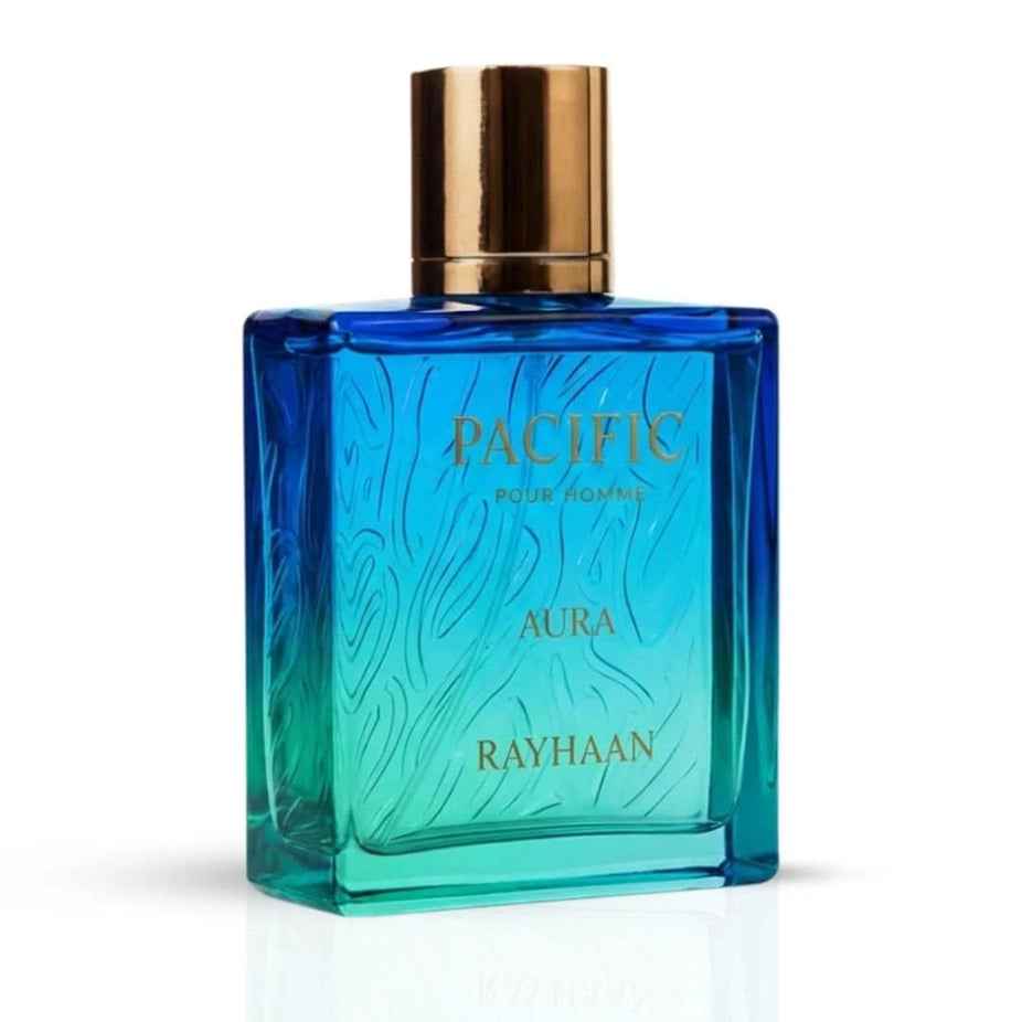 Rayhaan Pacific Aura Eau de Parfum Spray 100ml bottle with sleek design and elegant packaging.