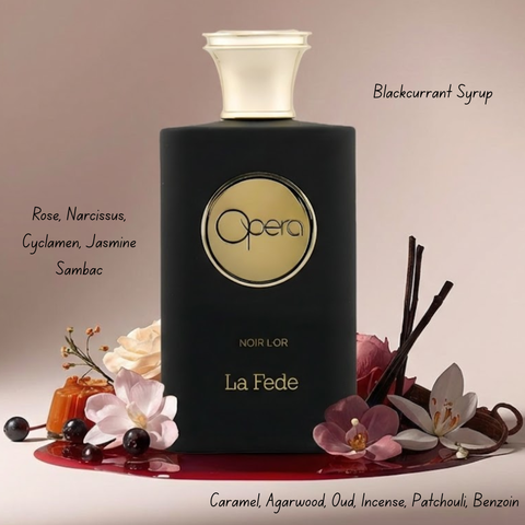 Khadlaj La Fede Opera Rose L'Or and Noir L'Or Eau de Parfum Spray bundle, featuring two 100ml bottles with elegant packaging.