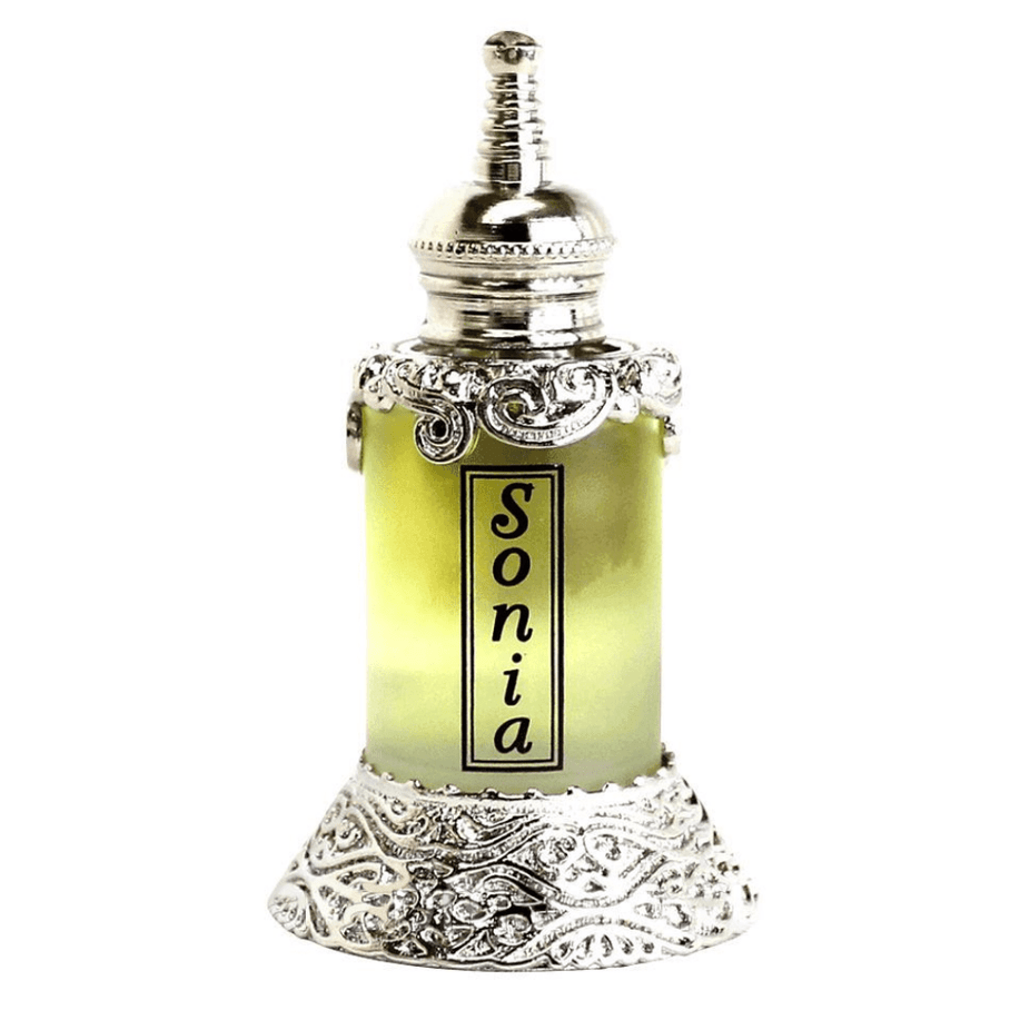 Rasasi Sonia Perfume Oil 15ml bottle, concentrated perfume oil with elegant packaging and a sleek design.