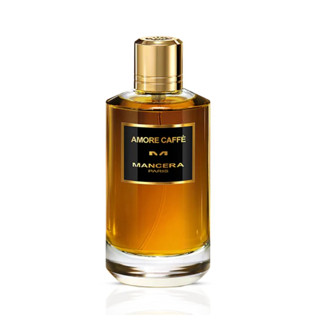 Mancera Amore Caffè Eau de Parfum spray bottle 120ml, elegant black packaging with gold accents and the perfume cap.