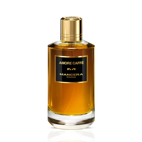Mancera Amore Caffè Eau de Parfum spray bottle 120ml, elegant black packaging with gold accents and the perfume cap.