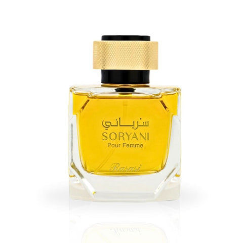 Rasasi Soryani Pour Femme EDP spray 100ML featuring a feminine floral, citrusy, musky scent with long-lasting freshness.