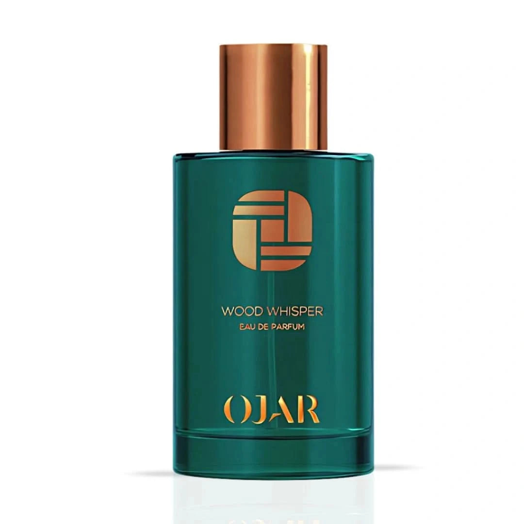 Ojar Wood Whisper Eau De Parfum 100ml bottle, elegant glass container with a sleek design, showcasing the fragrance's premium packaging.