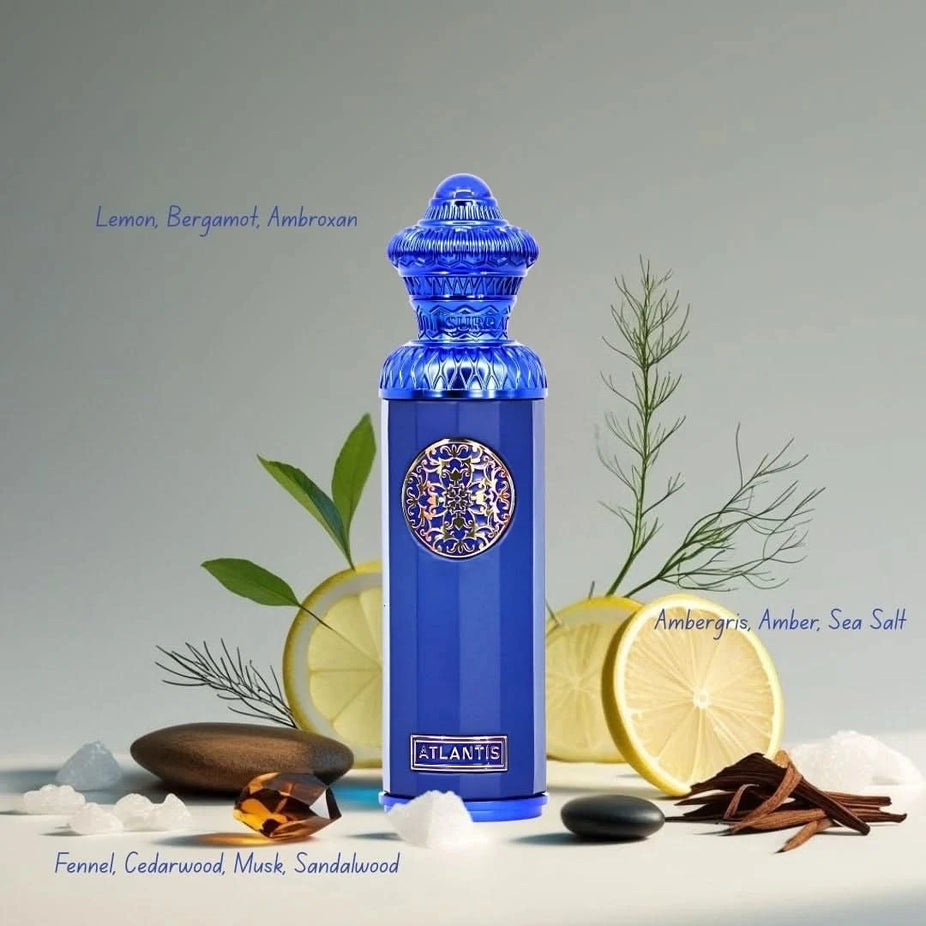 Surrati Atlantis Eau de Parfum Spray 140ml in velvet pouch, featuring elegant bottle design and luxurious fragrance.