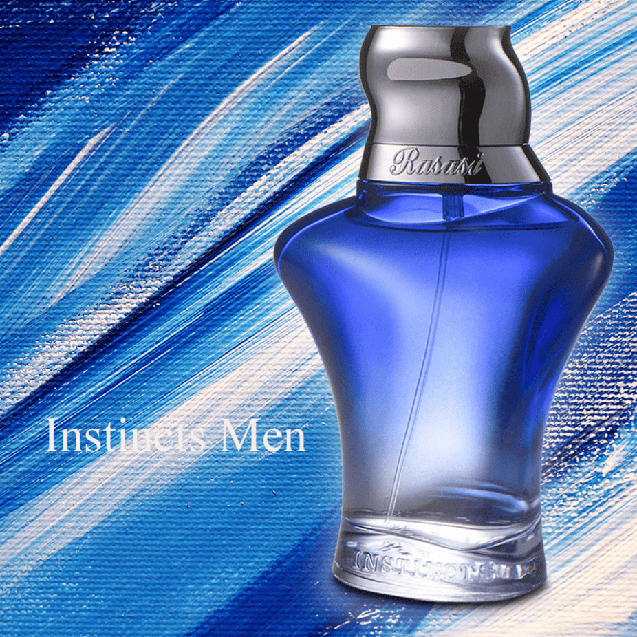 Rasasi Instincts for Men Eau De Parfum 90ml bottle, sleek design, showcasing the fragrance for men.