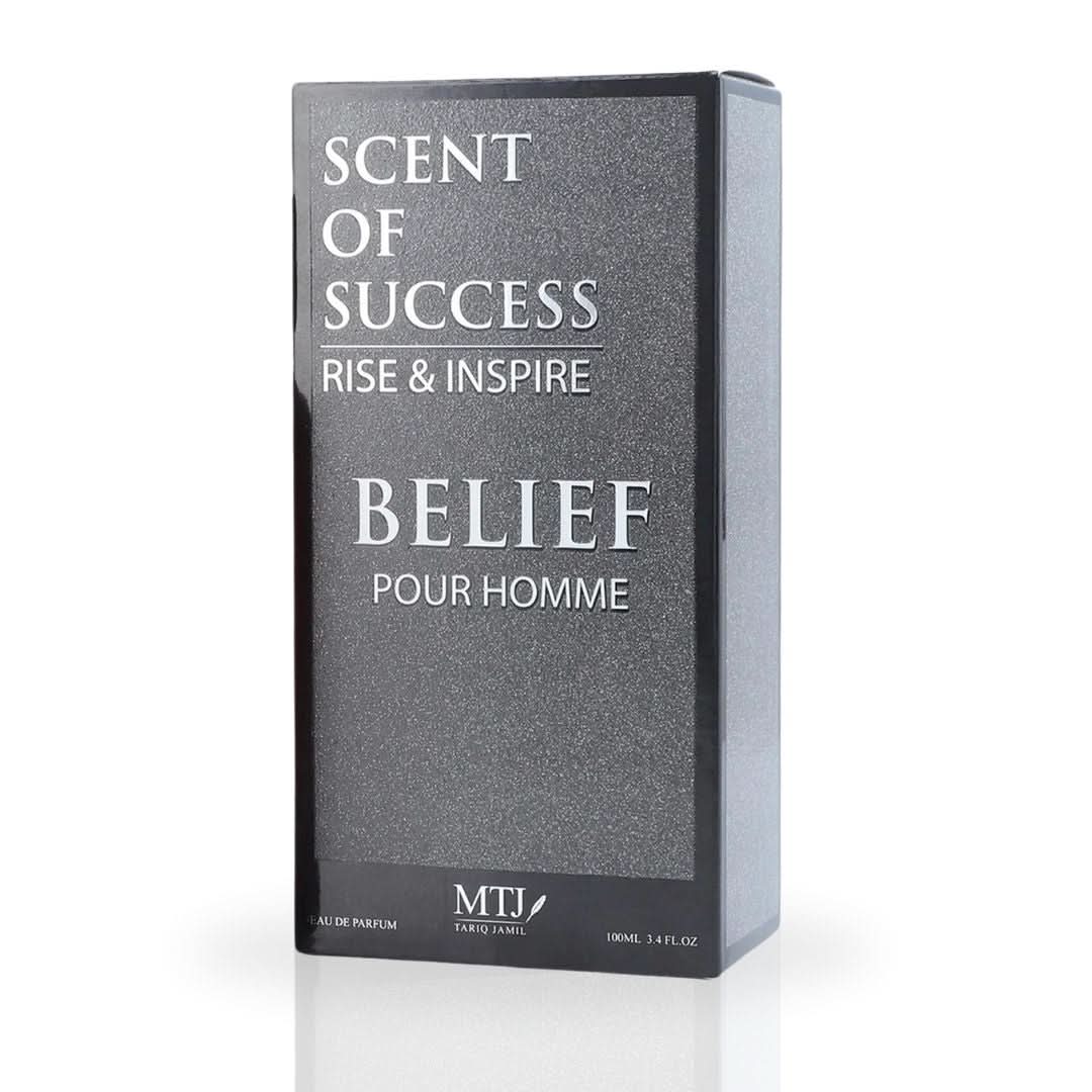 MTJ Belief Pour Homme EDP spray 100ML with floral, spicy, and warm notes, showcasing the elegant fragrance bottle.