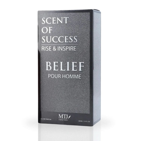 MTJ Belief Pour Homme EDP spray 100ML with floral, spicy, and warm notes, showcasing the elegant fragrance bottle.
