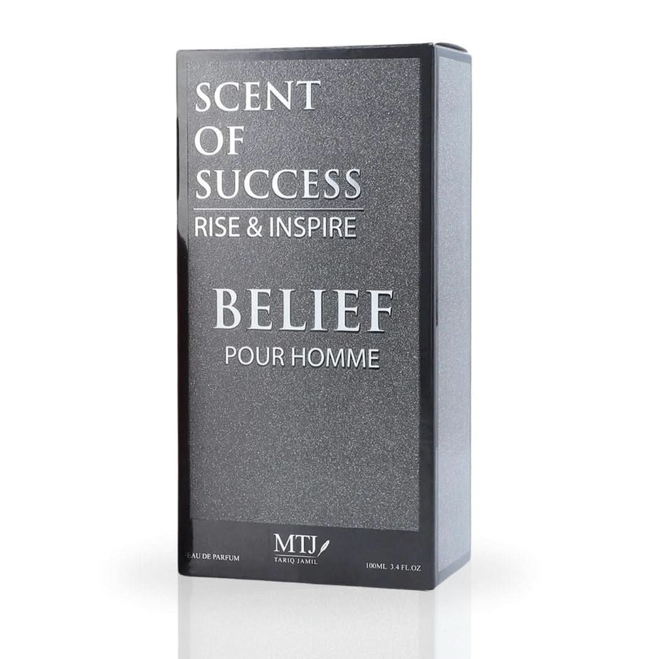 MTJ Belief Pour Homme EDP spray 100ML with floral, spicy, and warm notes, showcasing the elegant fragrance bottle.