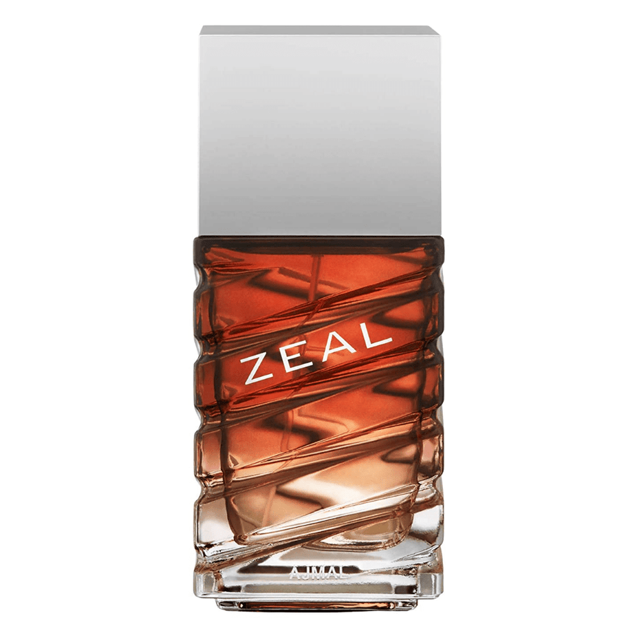 Ajmal Zeal for Men Eau De Parfum 100ml bottle with sleek black and silver design, showcasing the fragrance packaging.