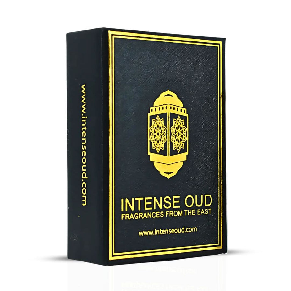 Intense Oud Nouf perfume oil 12ml in a sleek black gift box, featuring a clear glass bottle of luxurious loose perfume oil.