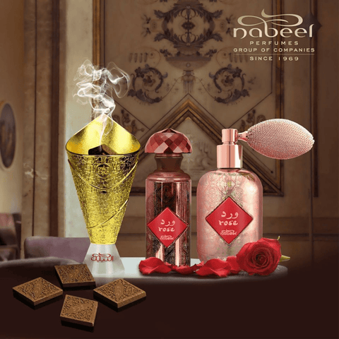 Nabeel Rose EDP 100ml Eau De Parfum bottle with elegant floral design and rose scent branding.
