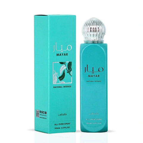 Lattafa Mayar Natural Intense Eau de Parfum and All Over Spray Bundle, featuring two fragrance bottles with elegant packaging.