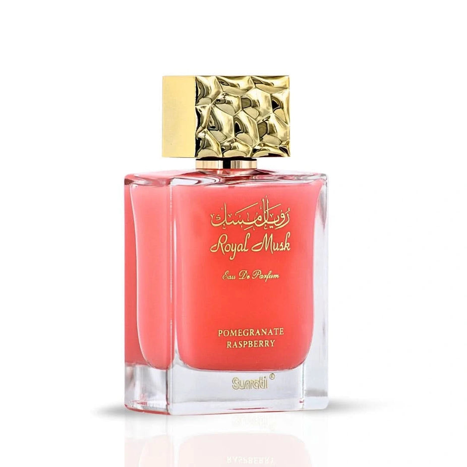 Surrati Royal Musk Pomegranate Raspberry Eau de Parfum spray 100ml bottle with elegant design and floral accents.