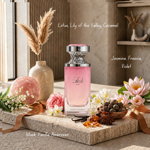 Paris Corner Eshal Musk and Fayora Eau De Parfum bundle, 100ml spray bottles, featuring elegant perfume packaging and branding.