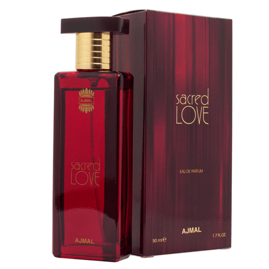 Ajmal Sacred Love for Women EDP 50ml perfume bottle with elegant floral design and soft pink accents.