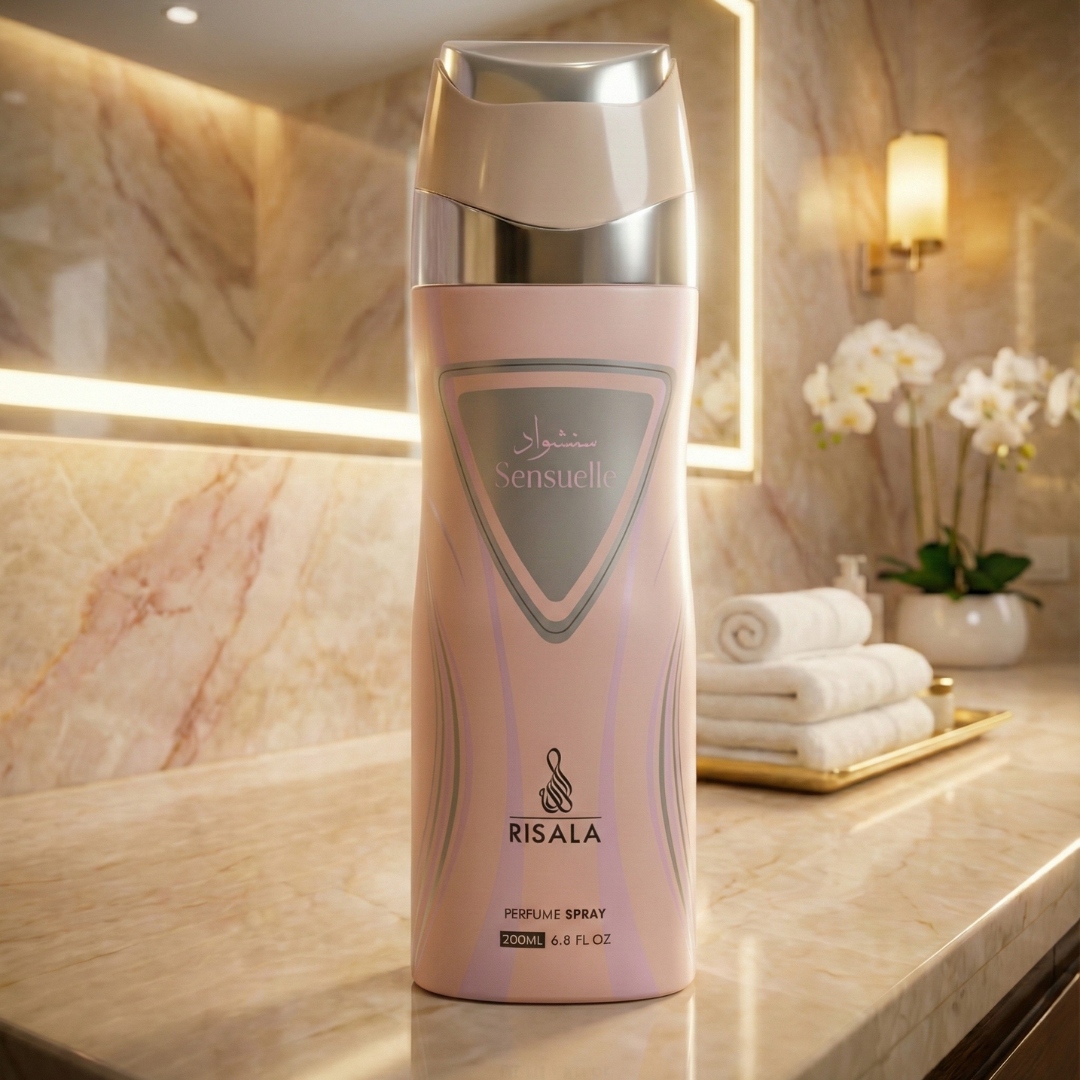 RISALA Sensuelle perfumed body spray 200ml deodorant bottle with a sleek design and vibrant label.
