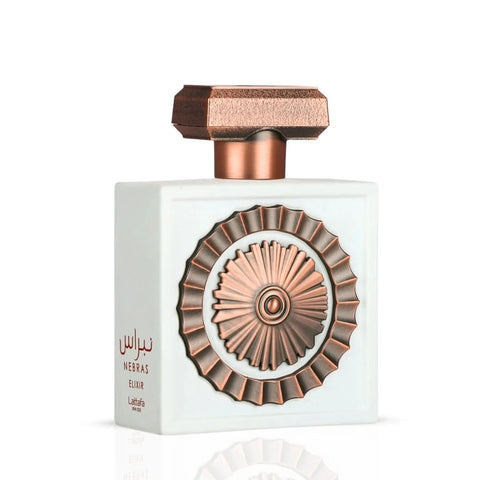Lattafa Nebras Elixir Eau de Parfum spray 100ml with velvet pouch, elegant bottle and luxurious packaging visible.