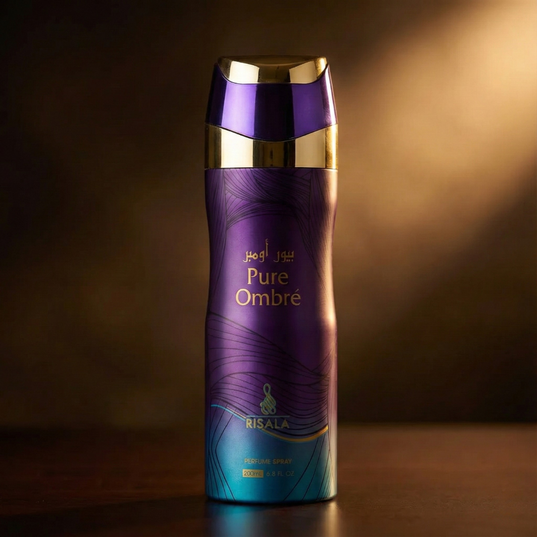RISALA Pure Ombre Perfumed Body Spray 200ml deodorant bottle with a sleek design and colorful ombre label.
