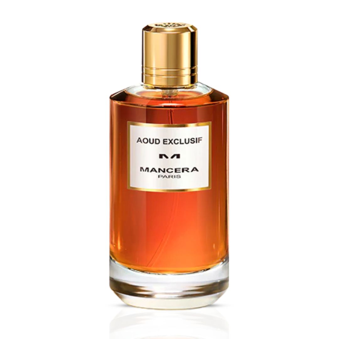 Mancera Aoud Exclusif Eau de Parfum spray 120ml bottle with elegant packaging and black cap, showcasing luxury fragrance design.