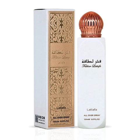 Lattafa Fakhar Women Eau de Parfum spray 100ml and all-over spray 150ml bundle, featuring elegant perfume bottles and packaging.