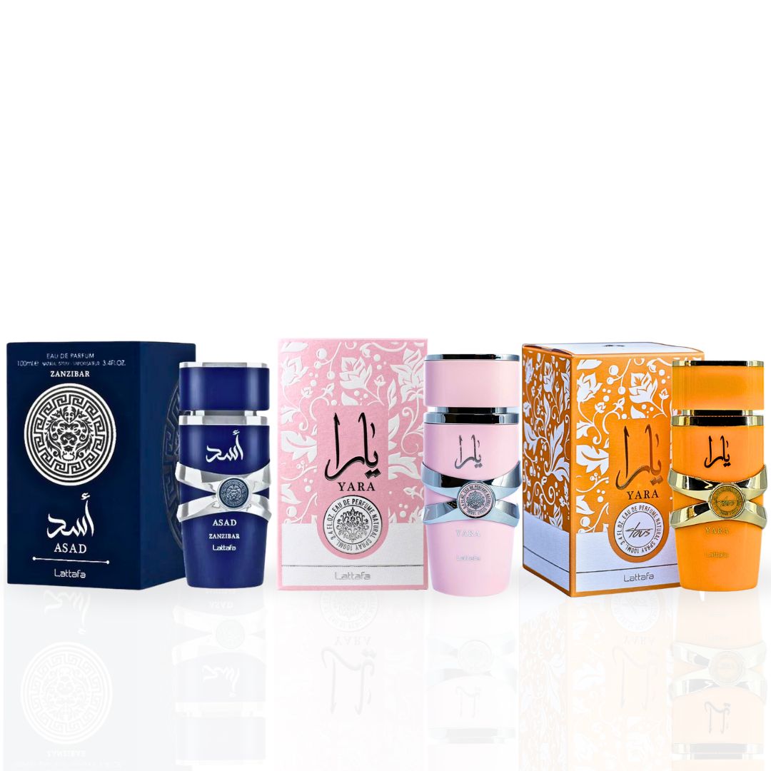 Yara, Yara Tous & Asad Zanzibar EDP Sprays 100ML (3.4 OZ) By Lattafa | Immerse Yourself In Scents That Redefine Elegance. (BUNDLE) - Intense Oud