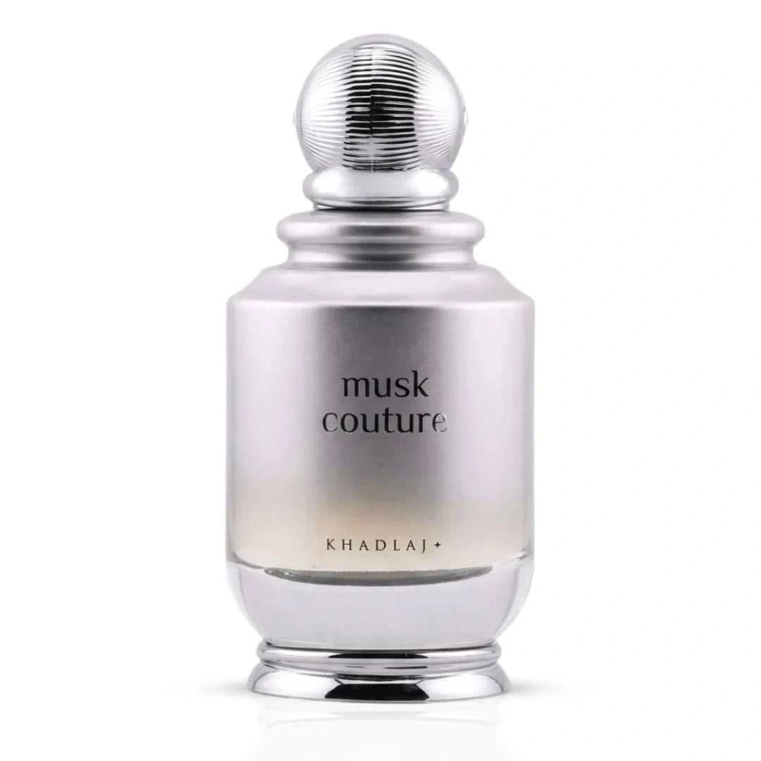 Khadlaj Musk Couture Eau de Parfum Spray 100ml bottle with elegant design and fragrance details.