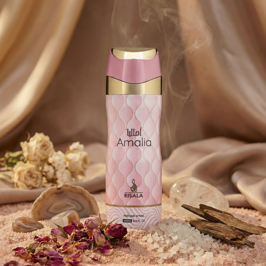 Risala Amalia perfumed body spray in 200ml bottle, featuring elegant packaging and a floral scent.