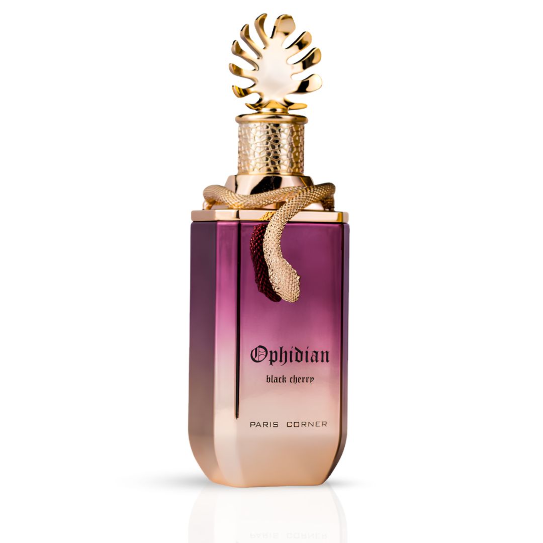 Ophidian Black Cherry Eau de Parfum spray by Paris Corner, 100ml, featuring a sleek black cherry fragrance bottle.