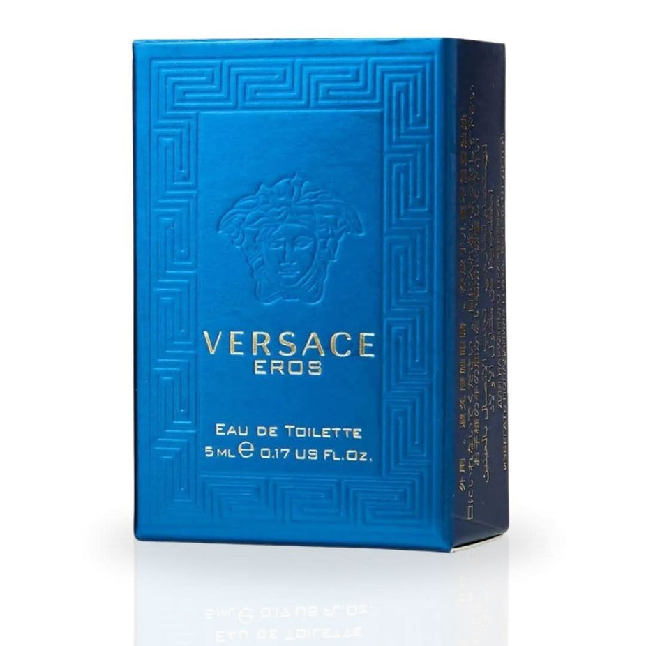 Miniature Versace Eros Eau de Toilette spray bottle, 5ml, featuring the iconic Versace fragrance for men.