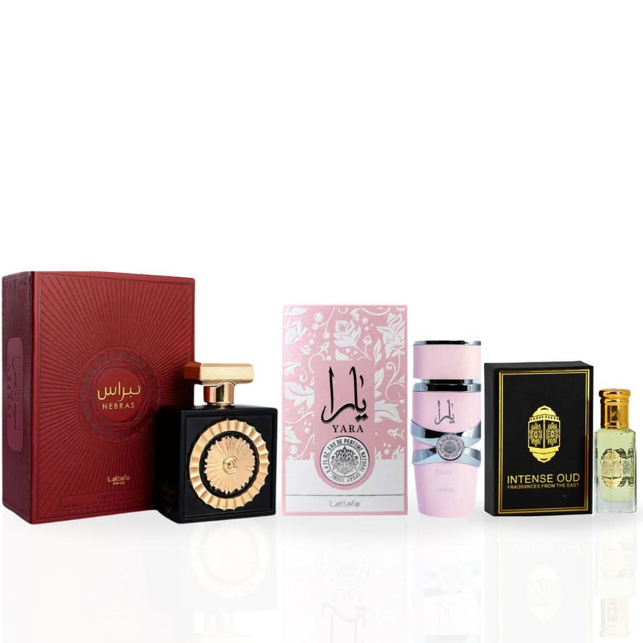 Intense Oud Yara Nebras Eau de Parfum spray and Lady Mile perfume oil in a magnetic gift box, featuring elegant packaging.