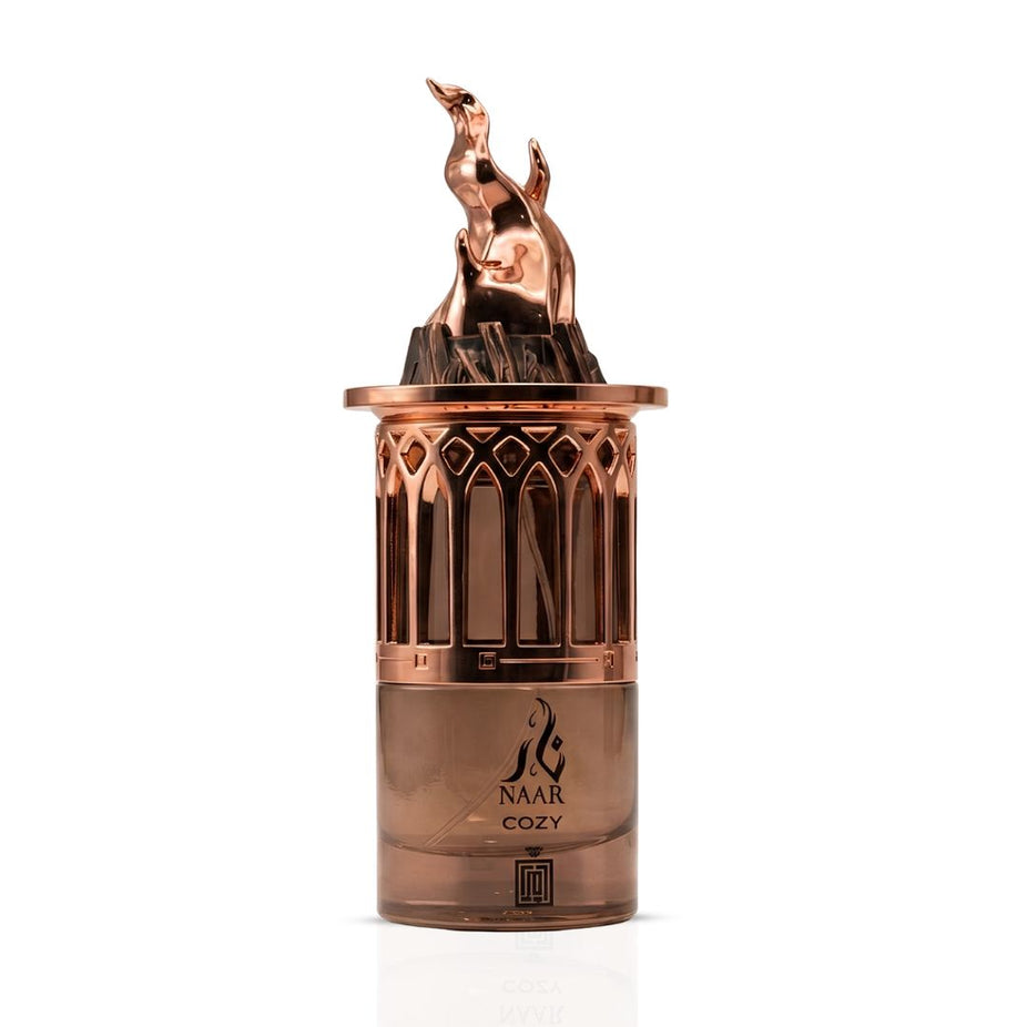 Aura by Aura Naar Cozy Eau de Parfum spray 100ml bottle with elegant design and floral accents, showcasing the perfume packaging.