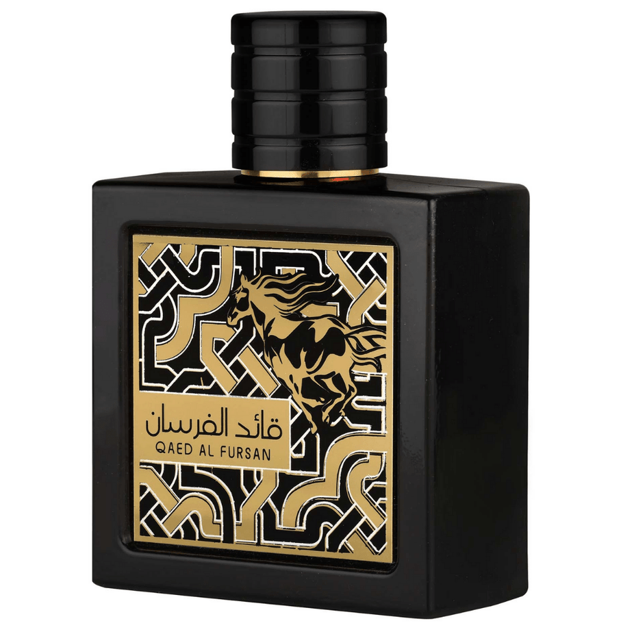 Qaed Al Fursan Eau de Parfum spray by Lattafa, 90ml bottle with elegant packaging and fragrance details visible.
