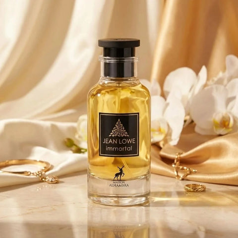Maison Alhambra Jean Lowe Immortal Eau de Parfum spray 100ml with velvet pouch, elegant glass bottle and floral fragrance.