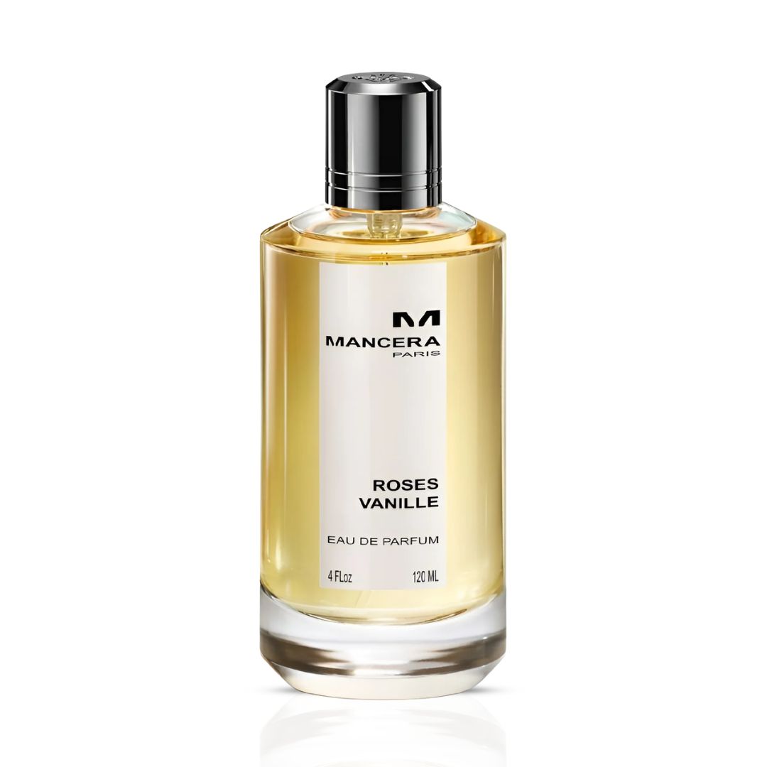 Mancera Roses Vanille Eau de Parfum spray bottle with floral rose and sweet vanilla notes, 120ml, elegant fragrance packaging.