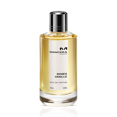 Mancera Roses Vanille Eau de Parfum spray bottle with floral rose and sweet vanilla notes, 120ml, elegant fragrance packaging.