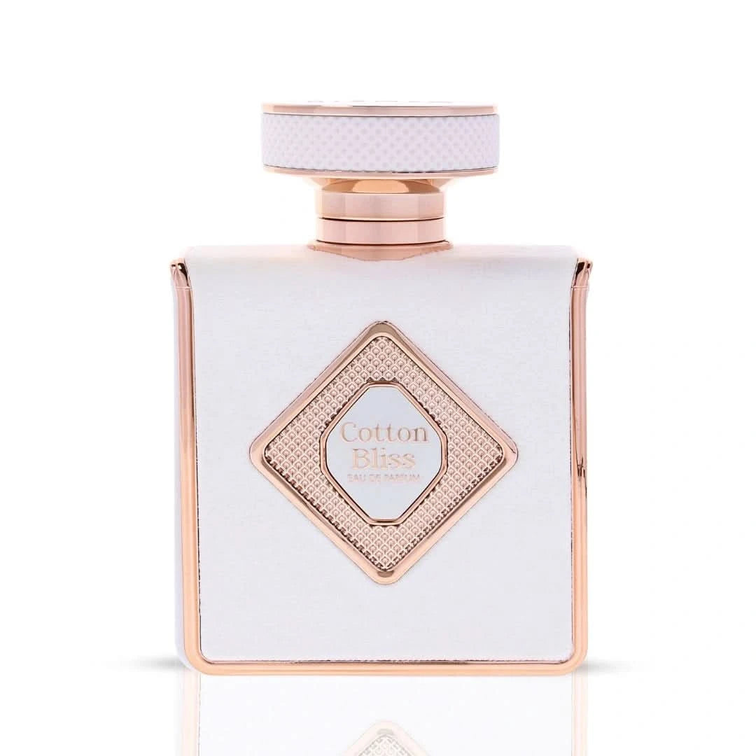 Elite Risala Cotton Bliss Eau de Parfum spray 100ml with velvet pouch, featuring elegant glass bottle and spray nozzle.
