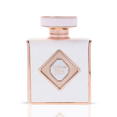 Elite Risala Cotton Bliss Eau de Parfum spray 100ml with velvet pouch, featuring elegant glass bottle and spray nozzle.