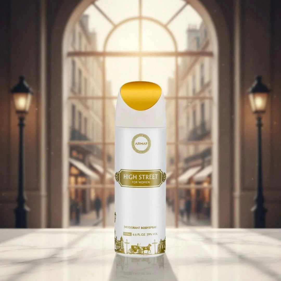 Armaf High Street Deodorant Spray 200ml bottle with sleek design and spray nozzle, suitable for everyday freshness.