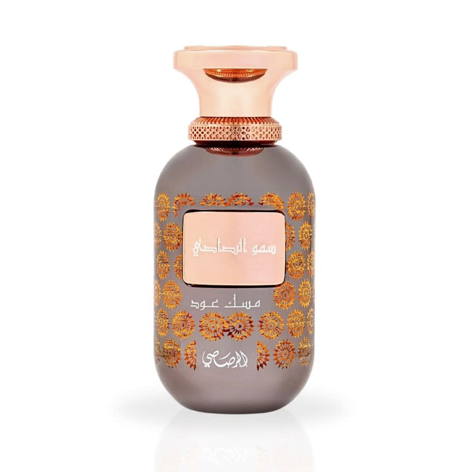 Somow Al Rasasi Musk Oud Eau de Parfum spray bottle by Rasasi, 100ml, featuring a sleek design and luxurious scent.